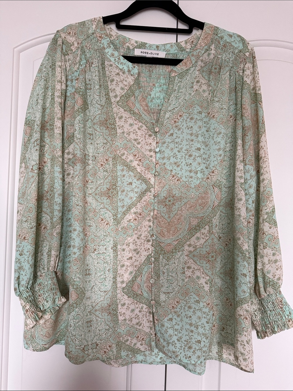 Rose & Olive Mint and Cream Paisley Button-Up Blouse